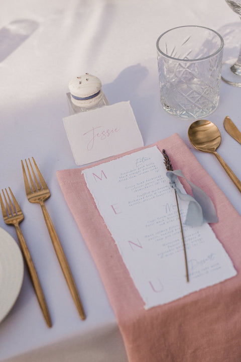 Deckled Edge Wedding Menu and name place at Quamby Estate, Tasmania