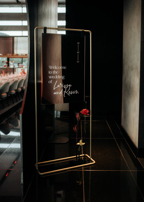 Mirror acrylic rose gold wedding welcome sign at MONA, Hobart