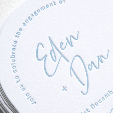 Duck Egg Blue letterpress wedding invitation close up, Launceston