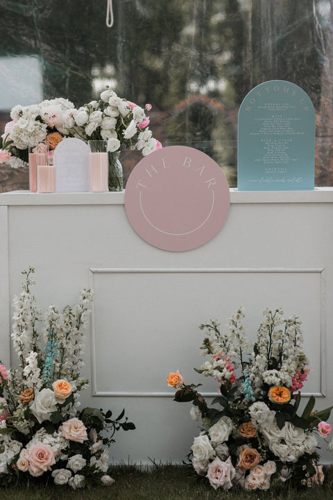 Trio bar sign wedding set up with florals at Quamby Estate, Launceston