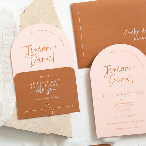 Digitally printed arch wedding invitation in blush, with cinnamon details card and printed wedding envelope
